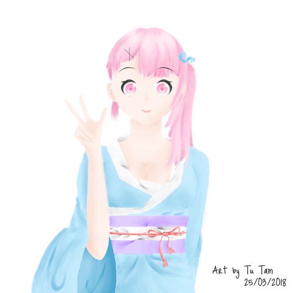 Anime picture 1000x1000 with original tu tam single long hair looking at viewer breasts simple background smile white background signed pink hair cleavage upper body traditional clothes japanese clothes pink eyes side ponytail dated victory girl