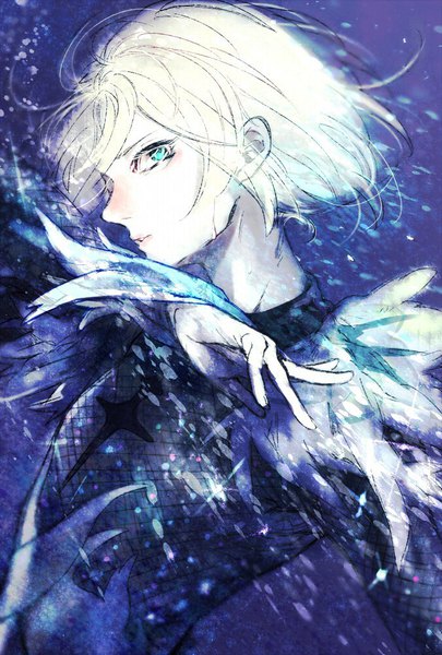 Anime picture 675x1000 with yuri!!! on ice mappa yuri plisetsky crucru single tall image short hair open mouth blue eyes blonde hair looking away parted lips profile sparkle dancing boy