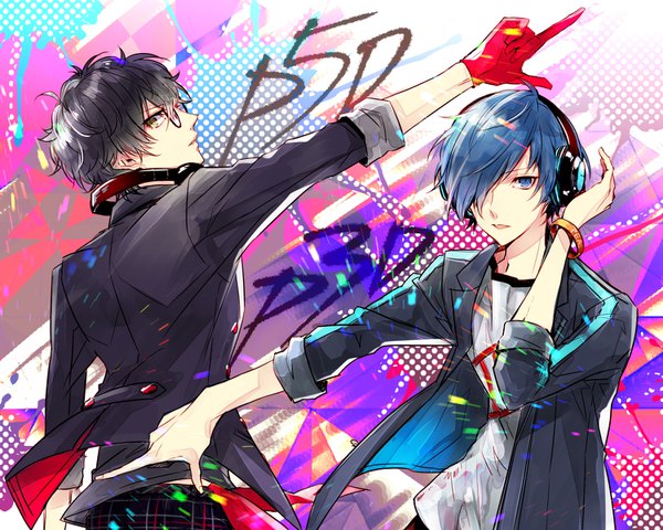 Anime-Bild 1500x1200 mit persona 5 persona 3 persona amamiya ren arisato minato yuu (isis7796) looking at viewer fringe short hair blue eyes black hair brown eyes blue hair profile from behind hair over one eye multiple boys outstretched arm pointing twisty sleeves