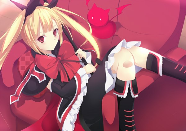 Anime picture 1131x800 with blazblue rachel alucard daiaru single long hair blush blonde hair red eyes twintails loli girl dress bow boots