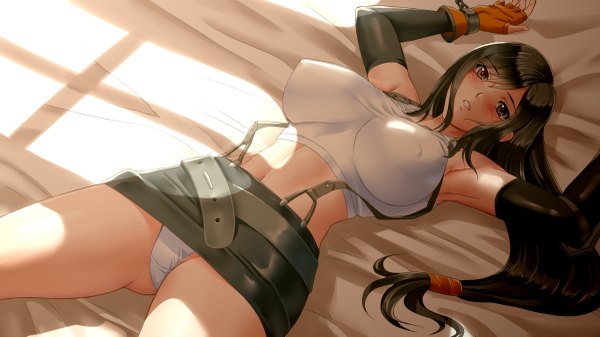 Anime picture 2400x1350 with final fantasy final fantasy vii square enix tifa lockhart suuitchi (artist) single long hair looking at viewer blush highres breasts light erotic black hair wide image large breasts brown eyes nipples erect nipples girl skirt