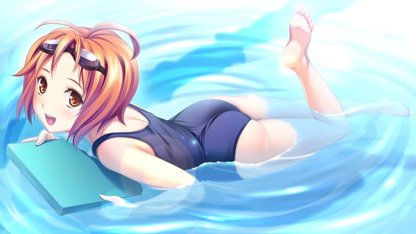 Anime picture 1280x720 with izuna zanshinken (game) short hair open mouth light erotic wide image game cg orange hair orange eyes girl swimsuit one-piece swimsuit school swimsuit