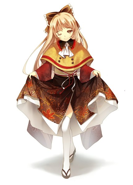 Anime picture 800x1115 with original yukijirushi yukiko-tan bison cangshu single long hair tall image simple background blonde hair white background brown eyes girl thighhighs dress bow hair bow white thighhighs