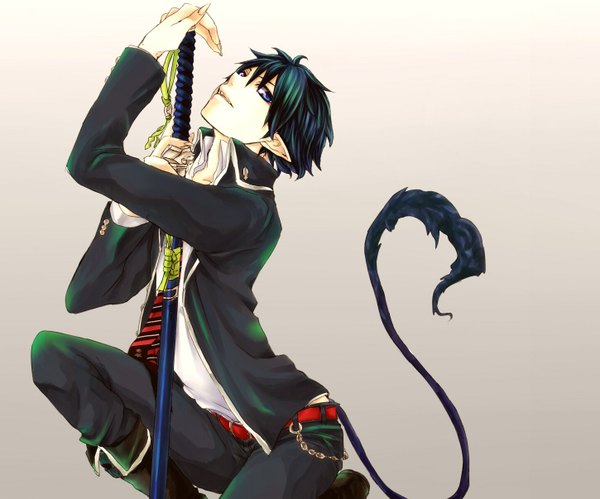 Anime picture 1449x1206 with ao no exorcist a-1 pictures okumura rin single fringe short hair tail multicolored hair pointy ears demon tail multicolored eyes boy uniform weapon school uniform sword belt katana chain