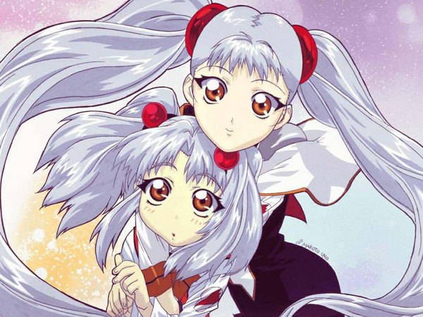 Anime picture 1024x768 with martian successor nadesico xebec hoshino ruri uno makoto long hair looking at viewer smile twintails multiple girls brown eyes signed silver hair parted lips sparkle hug gradient background dual persona hug from behind time paradox girl