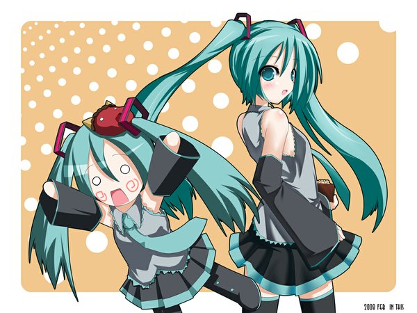 Anime picture 1024x768 with vocaloid hatsune miku chu (artist) open mouth twintails bare shoulders pleated skirt armpit (armpits) zettai ryouiki chibi o o girl detached sleeves