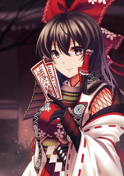 Anime picture 1748x2480 with touhou hakurei reimu koissa single long hair tall image looking at viewer fringe highres black hair hair between eyes upper body traditional clothes japanese clothes black eyes seigaiha girl bow hair bow hair tubes