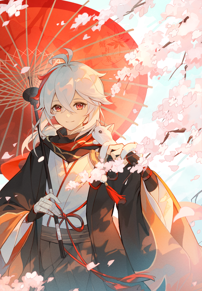 Anime picture 1100x1586 with genshin impact kaedehara kazuha autumnlll single long hair tall image looking at viewer fringe hair between eyes red eyes ahoge outdoors white hair traditional clothes japanese clothes cherry blossoms low ponytail animal on shoulder boy animal