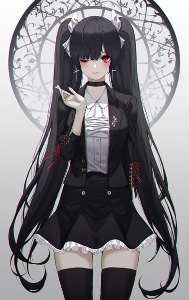 Anime picture 1028x1626 with original neon (pixiv 31150749) single long hair tall image looking at viewer blush fringe black hair simple background hair between eyes red eyes standing twintails one eye closed light smile wink grey background open jacket zettai ryouiki