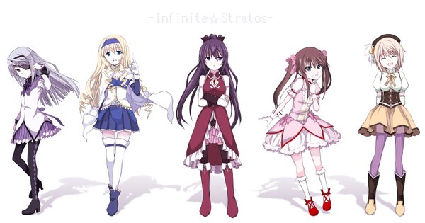 Anime picture 1500x788 with mahou shoujo madoka magica infinite stratos shaft (studio) 8bit charles dunois laura bodewig cecilia orcott shinonono houki fang linyin long hair short hair open mouth blonde hair smile red eyes brown hair wide image twintails multiple girls green eyes