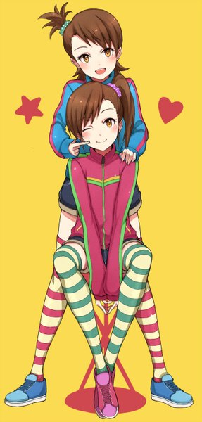 Anime picture 700x1461 with idolmaster futami mami futami ami purea tall image looking at viewer blush short hair open mouth simple background smile brown hair standing sitting multiple girls brown eyes :d one eye closed side ponytail siblings