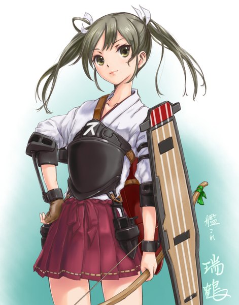 Anime picture 1100x1400 with kantai collection zuikaku aircraft carrier zuikaku (kantai collection) rasukaru single long hair tall image brown hair twintails brown eyes girl skirt armor bow (weapon) shield