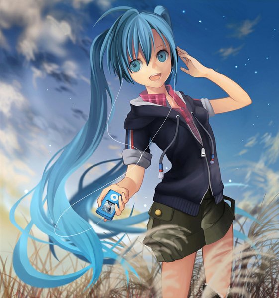 Anime picture 934x998 with vocaloid hatsune miku kari kenji single long hair tall image looking at viewer open mouth twintails blue hair sky cloud (clouds) ahoge aqua eyes wind from below outstretched arm evening field hand on headphones