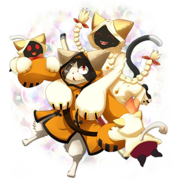 Anime picture 1000x1000 with blazblue taokaka jubei (blazblue) mokemoke2000 long hair blush open mouth blonde hair simple background red eyes white background twintails animal ears cat ears teeth cat girl cat tail hug sharp teeth girl