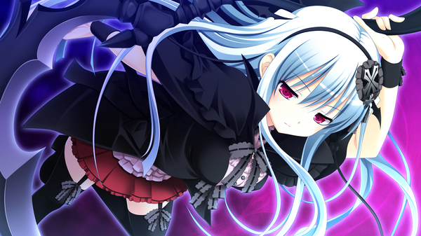 Anime picture 2560x1440 with shinigami no testament vivi alhazerd makita maki single long hair highres red eyes wide image game cg silver hair girl thighhighs dress black thighhighs hairband scythe