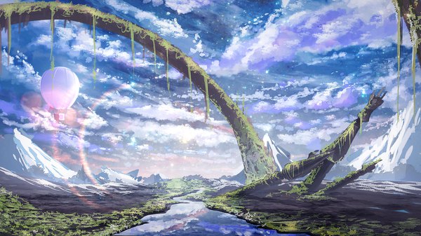 Anime picture 1920x1080 with original smile (qd4nsvik) highres wide image sky cloud (clouds) reflection horizon mountain no people landscape river plant (plants) star (stars)