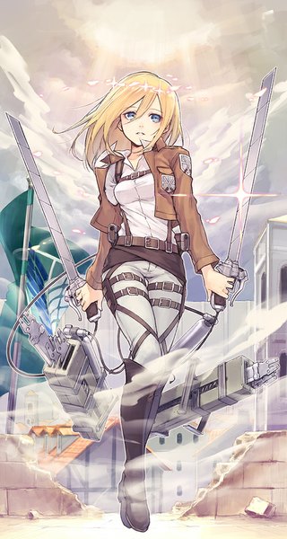 Anime picture 551x1033 with shingeki no kyojin production i.g krista lenz historia reiss yuranpo single tall image short hair blue eyes blonde hair holding sunlight open clothes open jacket broken girl uniform weapon petals sword