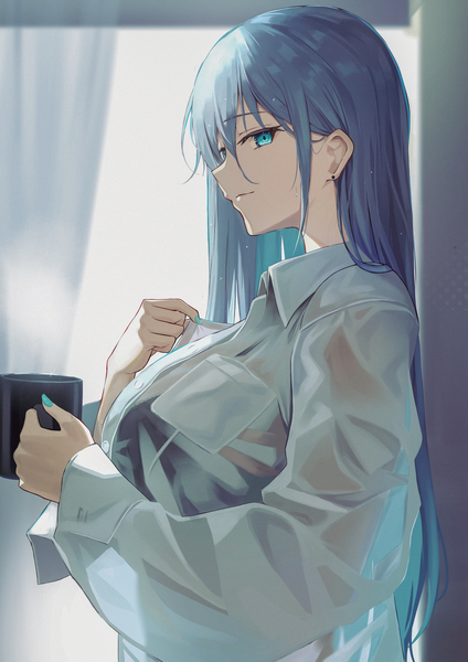 Anime picture 2125x3009 with original hyonee single long hair tall image fringe highres breasts blue eyes light erotic hair between eyes large breasts holding blue hair upper body indoors long sleeves nail polish profile fingernails