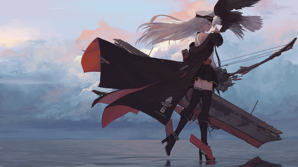 Anime picture 5000x2813 with azur lane enterprise (azur lane) dishwasher1910 single long hair fringe highres light erotic hair between eyes wide image purple eyes looking away absurdres sky silver hair cloud (clouds) full body ass outdoors profile
