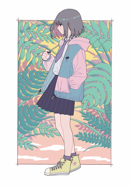 Anime picture 2894x4093 with original converse shi oo single tall image highres short hair standing looking away full body profile grey hair open jacket border hand in pocket outside border girl plant (plants) jacket