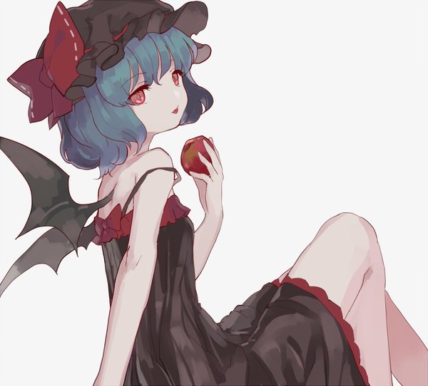 Anime picture 884x800 with touhou remilia scarlet hillly (maiwetea) single looking at viewer fringe short hair simple background red eyes sitting blue hair grey background alternate costume :p bat wings girl dress wings tongue black dress