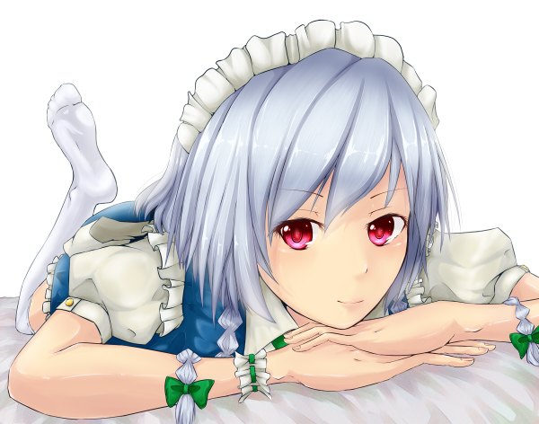 Anime picture 1200x944 with touhou izayoi sakuya hamasute (artist) single short hair red eyes white background silver hair braid (braids) maid girl thighhighs white thighhighs headdress maid headdress