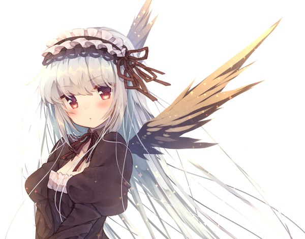 Anime picture 1912x1500 with rozen maiden suigintou usamata single long hair looking at viewer blush fringe highres simple background red eyes white background silver hair lolita fashion goth-loli girl dress wings black dress lolita hairband