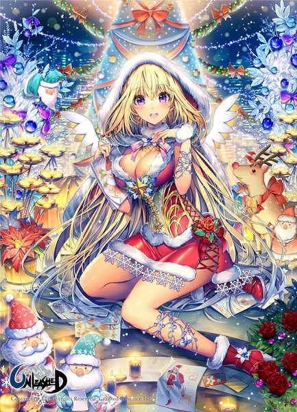 Anime picture 650x901 with unleashed ells (ellsat) single tall image looking at viewer blush open mouth light erotic blonde hair purple eyes cleavage very long hair girl dress flower (flowers) wings garland