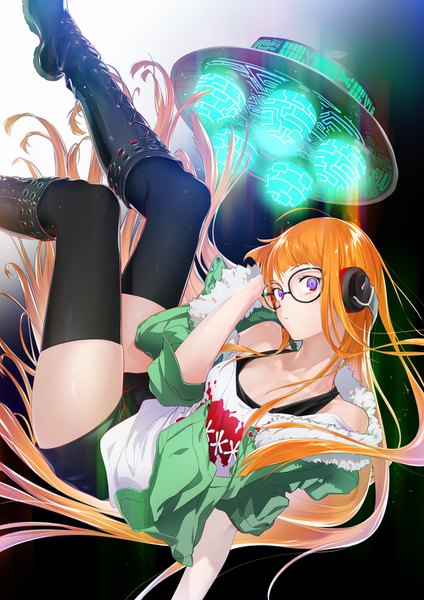 Anime picture 1000x1414 with persona 5 persona sakura futaba necronomicon (persona 5) ryokucha (i cobalt) single tall image looking at viewer fringe purple eyes bare shoulders very long hair orange hair open jacket hand on head lacing legs up girl thighhighs black thighhighs