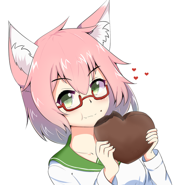 Anime picture 1340x1424 with original tsukigaze kitsune single tall image looking at viewer fringe short hair simple background white background holding green eyes animal ears pink hair upper body fox ears eating valentine :t girl glasses