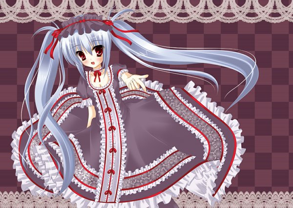 Anime picture 1102x784 with long hair simple background red eyes twintails blue hair loli girl dress