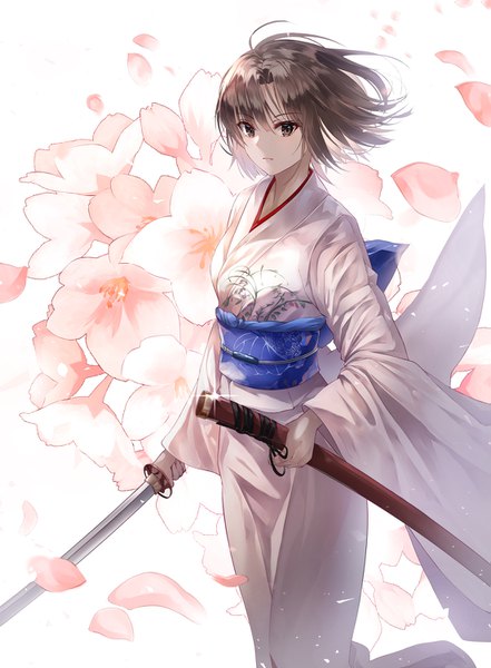 Anime-Bild 1103x1500 mit fate (series) fate/grand order kara no kyoukai type-moon ryougi shiki limit x single tall image looking at viewer blush fringe short hair breasts hair between eyes brown hair standing white background holding brown eyes payot