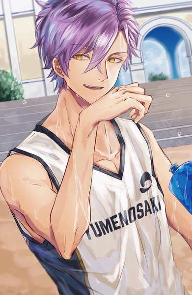 Anime picture 914x1400 with ensemble stars! otogari adonis saamon (dream81come) single tall image fringe short hair open mouth hair between eyes yellow eyes looking away purple hair upper body outdoors sweat sleeveless boy uniform gym uniform