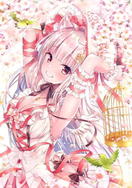 Anime picture 636x900 with original nemuri nemu single long hair tall image looking at viewer blush fringe breasts smile red eyes large breasts animal ears cleavage silver hair blunt bangs grin cherry blossoms arms behind head girl