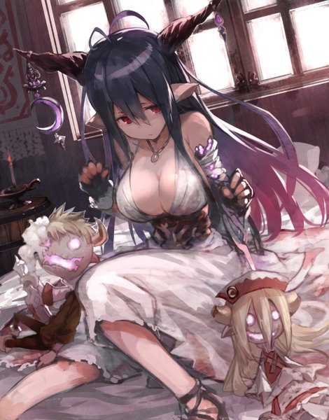 Anime picture 998x1274 with granblue fantasy danua hansel (granblue fantasy) gretel (granblue fantasy) shirabi long hair tall image fringe breasts open mouth light erotic black hair smile hair between eyes red eyes large breasts sitting animal ears pink hair cleavage