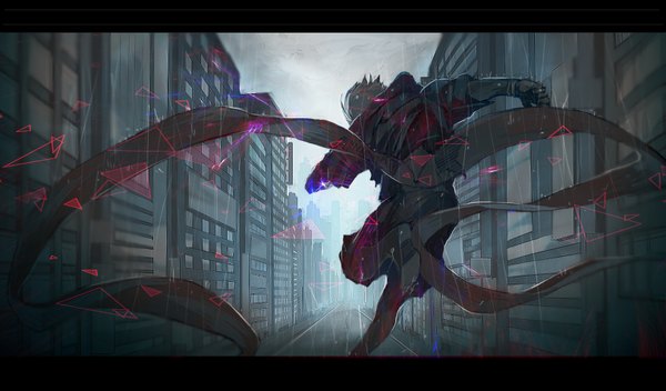 Anime picture 1623x954 with tokyo ghoul studio pierrot kaneki ken yongkang single short hair wide image bent knee (knees) white hair from behind letterboxed rain running boy hood building (buildings) hoodie road kagune