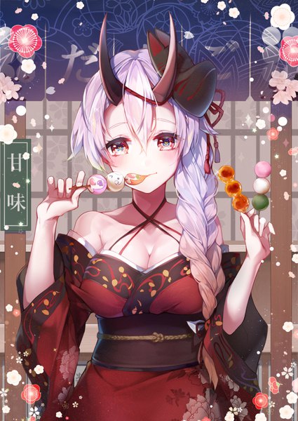 Anime picture 1063x1500 with fate (series) fate/grand order tomoe gozen (fate) kanola u single long hair tall image looking at viewer blush fringe breasts hair between eyes red eyes standing bare shoulders holding cleavage silver hair braid (braids) traditional clothes