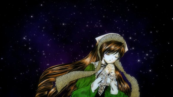 Anime picture 1020x573 with rozen maiden suiseiseki oscarsama single brown hair wide image eyes closed very long hair night hands clasped praying girl dress headdress star (stars)