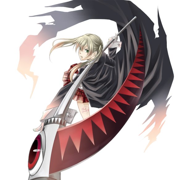 Anime picture 1284x1250 with soul eater studio bones maka albarn soul eater evans thewind single long hair looking at viewer blonde hair white background twintails holding green eyes pleated skirt plaid skirt serious plaid girl skirt gloves