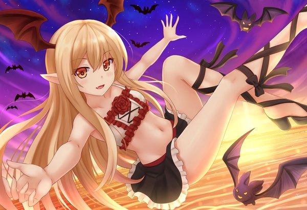 Anime picture 1920x1312 with shingeki no bahamut granblue fantasy vampy kazenokaze single long hair looking at viewer fringe highres breasts open mouth light erotic blonde hair smile red eyes bare shoulders pointy ears bare belly fang (fangs) high heels