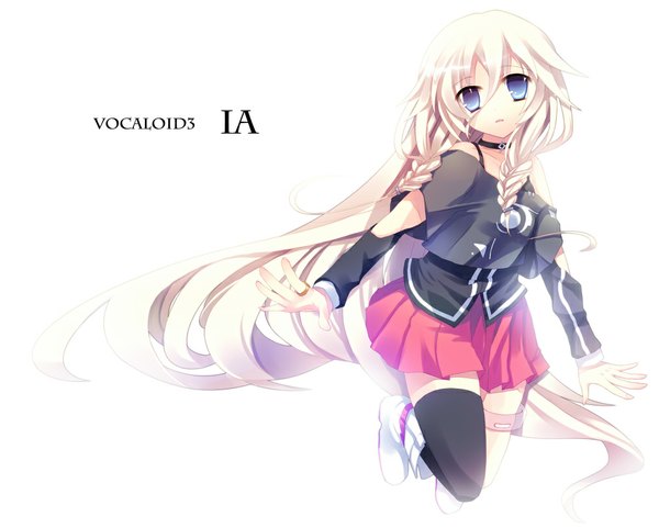 Anime picture 1004x806 with vocaloid ia (vocaloid) amamine single looking at viewer blue eyes white background white hair braid (braids) very long hair twin braids girl thighhighs dress skirt black thighhighs boots pink skirt