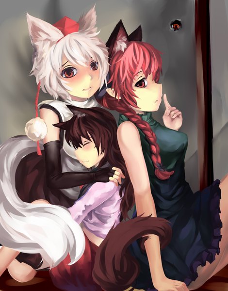 Anime picture 1524x1944 with touhou inubashiri momiji kaenbyou rin imaizumi kagerou 463 jun long hair tall image blush short hair red eyes sitting bare shoulders multiple girls animal ears white hair tail braid (braids) eyes closed long sleeves cat ears