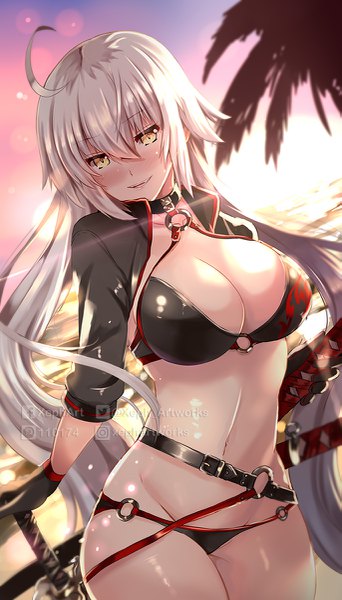 Anime picture 685x1200 with fate (series) fate/grand order jeanne d'arc (fate) (all) jeanne d'arc alter (fate) jeanne d'arc alter (swimsuit berserker) (fate) xephonia single long hair tall image looking at viewer blush fringe breasts open mouth light erotic hair between eyes large breasts standing signed yellow eyes