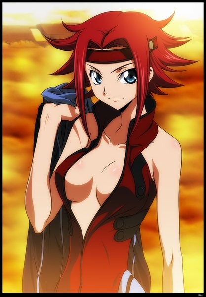 Anime picture 1200x1724 with code geass sunrise (studio) kallen stadtfeld kayamah single tall image looking at viewer short hair breasts blue eyes light erotic smile bare shoulders cleavage red hair coloring light girl bandana