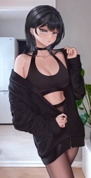 Anime picture 1800x3500 with original wonnikon single long hair tall image looking at viewer fringe highres breasts light erotic black hair standing bare shoulders cleavage indoors long sleeves parted lips mole mole under eye facial mark