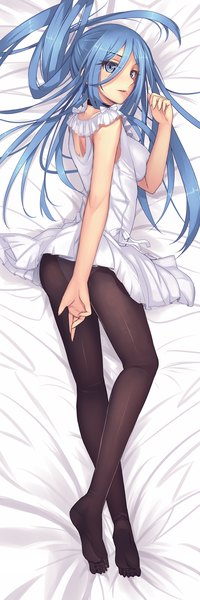 Anime picture 1476x4429 with aoki hagane no arpeggio takao (aoki hagane no arpeggio) musynexsk single long hair tall image blue eyes light erotic hair between eyes blue hair full body dakimakura (medium) girl dress pantyhose black pantyhose