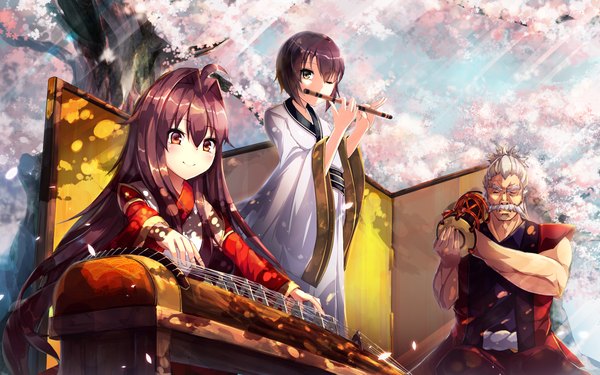 Anime picture 1680x1050 with original riburanomind long hair looking at viewer blush fringe short hair smile red eyes brown hair standing sitting multiple girls holding brown eyes ahoge white hair eyes closed long sleeves traditional clothes