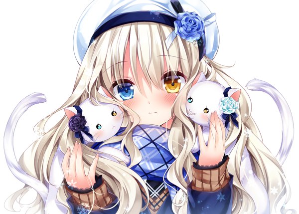 Anime picture 979x700 with original nogi takayoshi single long hair looking at viewer blush fringe blue eyes blonde hair simple background hair between eyes white background yellow eyes upper body long sleeves heterochromia :3 :< animal on shoulder girl