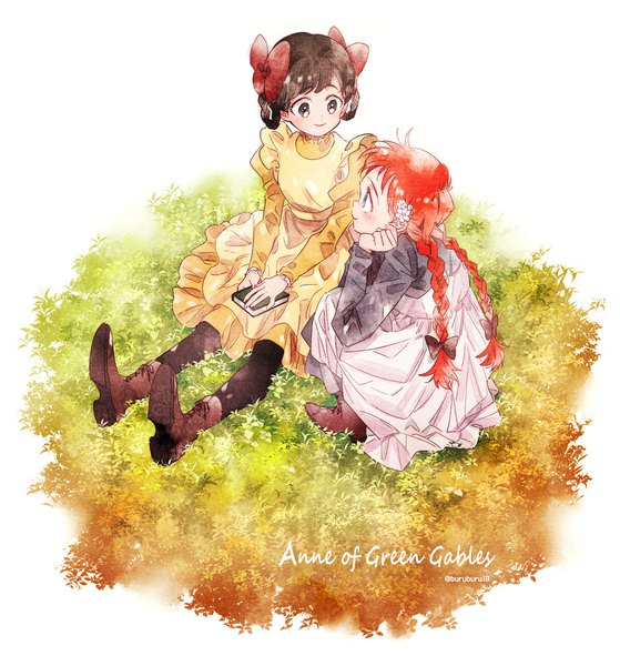 Anime picture 1867x2001 with anne of green gables nippon animation anne shirley diana barry buruburu18 long hair tall image blush highres blue eyes black hair sitting multiple girls signed full body red hair braid (braids) profile hair flower black eyes