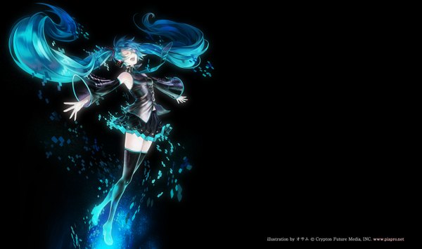 Anime picture 1621x961 with vocaloid hatsune miku osamu (jagabata) single open mouth wide image twintails very long hair aqua hair dark background girl thighhighs skirt black thighhighs detached sleeves necktie headphones